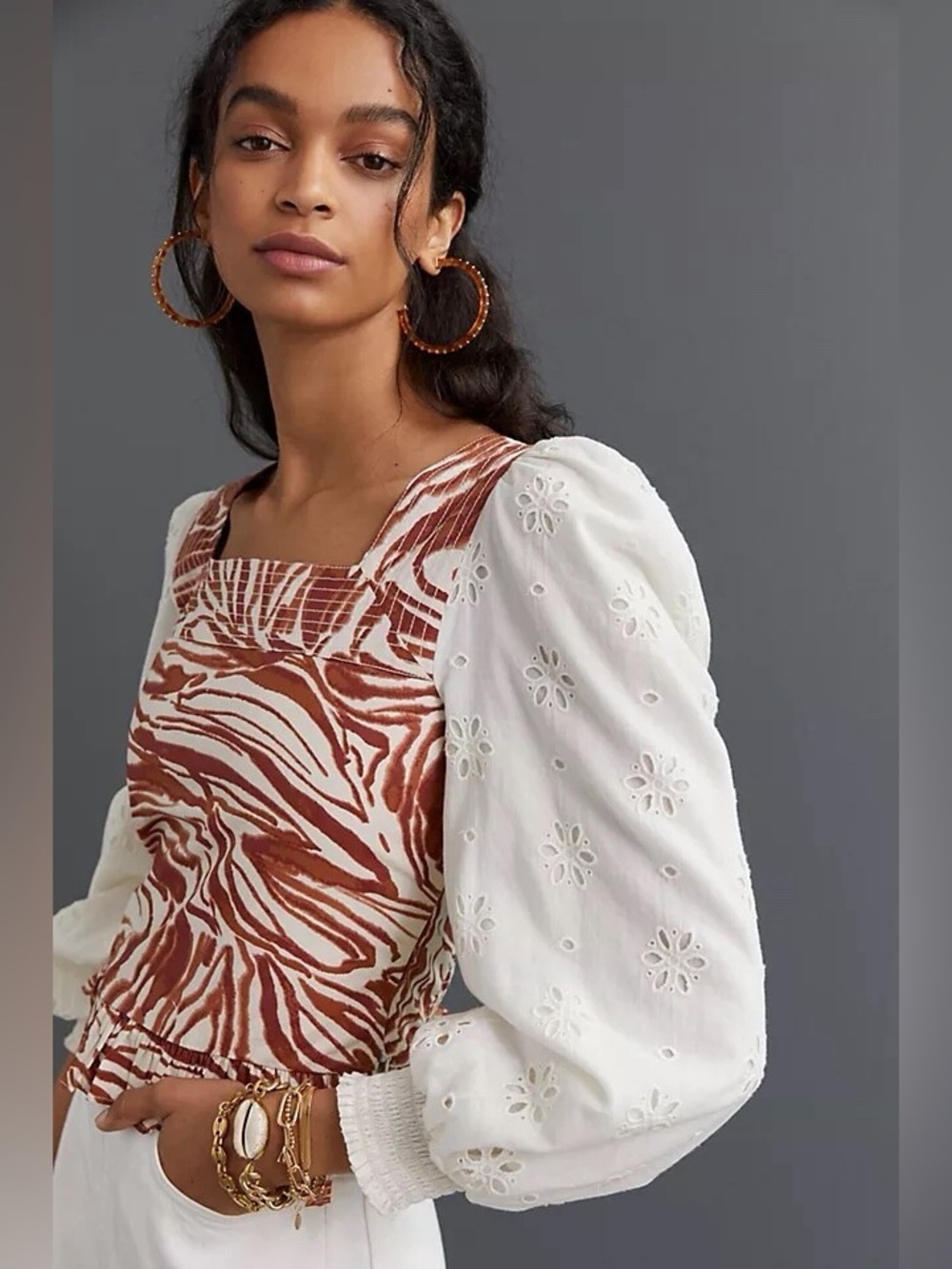 Anthropologie Love The Label Smocked Eyelet Puff Sleeve Blouse Top XS